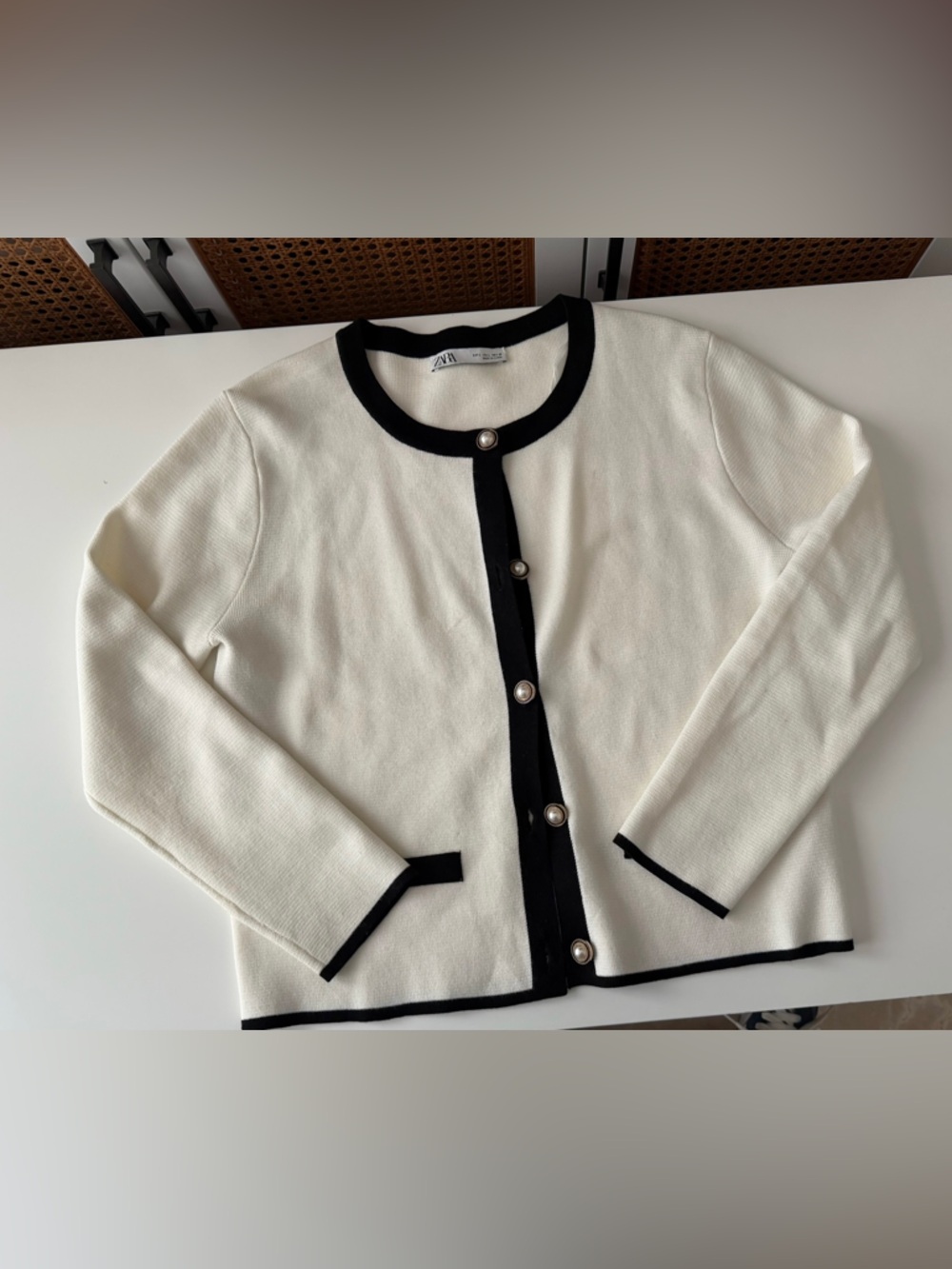 Zara Ivory Cardigan with Black Contrast Trim and Pearl Buttons | Used
